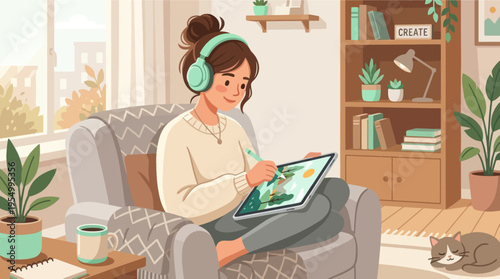 A woman sits comfortably in a cozy living room with a tablet