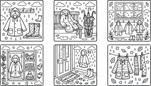 Colorbook style detailed rainy day clothing and accessories scenes with raincoats boots umbrellas scarves mittens and welcome mat in cozy autumn weather setting