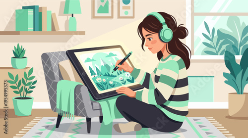 A young woman wearing headphones and drawing on a digital tablet at home