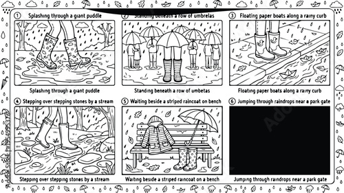 Colorbook style vector art showing playful scenes of children splashing in puddles jumping through raindrops and standing under umbrellas with striped raincoats and boots in rainy outdoor settings
