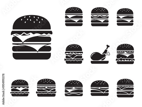 A set of black burger icons on a white background