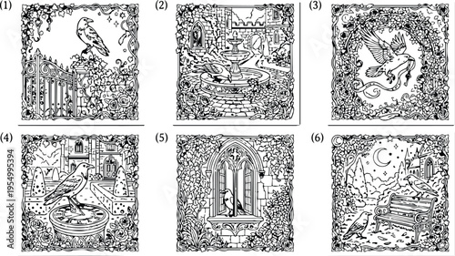 Colorbook style detailed line art of medieval garden scenes with birds perched on gates fountains windows and benches peaceful enchanted environment in black and white