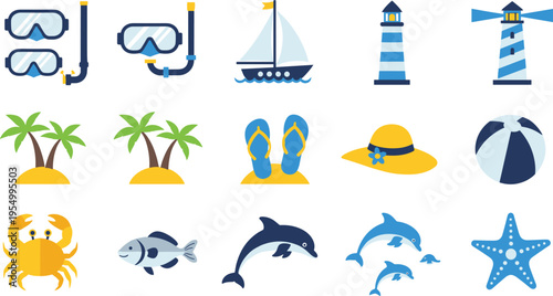 Summer beach vacation icon set featuring snorkel mask sailboat lighthouse palm trees flip flops sun hat beach ball crab dolphin and starfish vector.