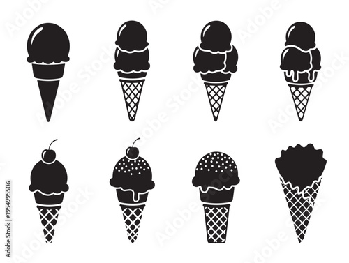 A set of eight different ice cream cones