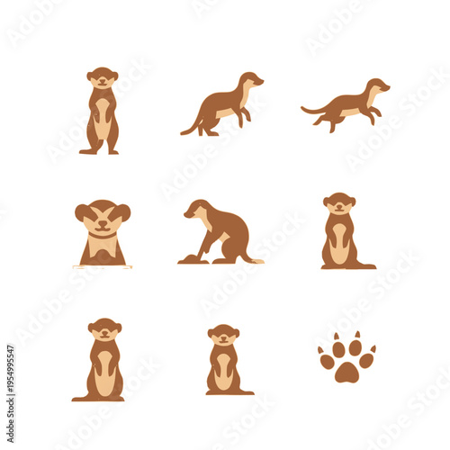 Set of flat vector illustrations of meerkats in various poses: standing alert on hind legs, running, digging into the ground, and peering from a hole, including a paw print icon.