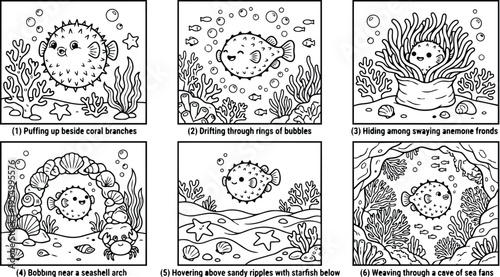 Colorbook style underwater scene with puffer fish drifting through bubbles hiding among anemone fronds near coral branches and seashell arch in black outline vector art