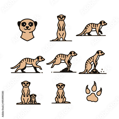 Flat vector illustration set of meerkat icons in various poses including standing, running, digging, sitting, an adult with a pup, a head portrait, and a paw print on white background.