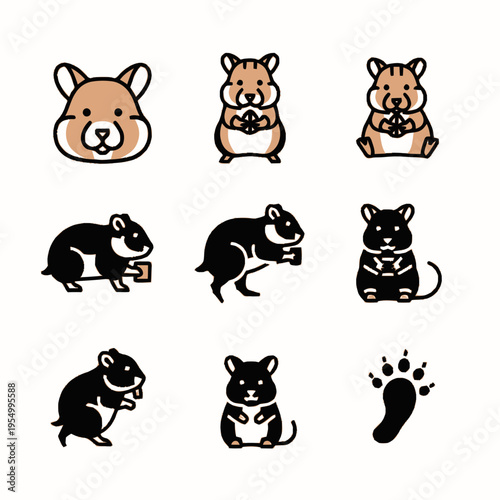 Vector illustration collection of hamster and mouse icons featuring cartoon rodents in various poses including sitting, standing, and eating seeds, plus a single animal paw print.