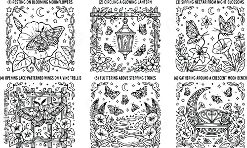 Colorbook style detailed line art set of six butterfly scenes resting glowing lantern sipping nectar fluttering stepping stones gathering crescent moon bench vines flowers stars night