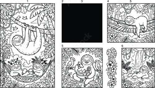 Colorbook style detailed sloths hanging relaxing and eating tropical fruits in jungle scenes with hammock waterfall and birds illustration set