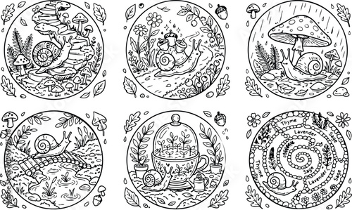 Colorbook style detailed snail illustrations in circular frames featuring mushrooms flowers herbs and nature elements with fine line art and whimsical composition