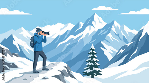 Hiker with camera photographing snowy mountain peaks in winter sunlight