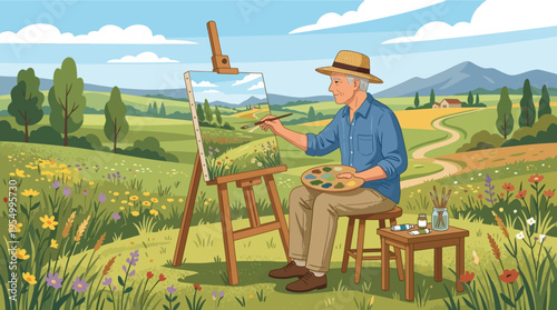 Senior artist painting vibrant countryside landscape with easel in golden sunlight