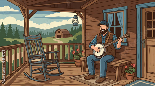 A man sits on a porch playing a banjo in a rural setting