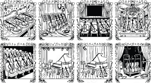 Colorbook style detailed black and white line art of musical instruments including violins and grand pianos staged in concert halls and storage scenes with ornate borders and musical notes