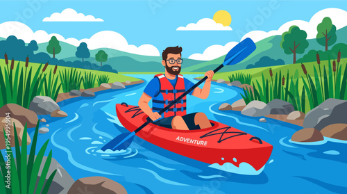 Man kayaking in scenic river with lush rice fields and sunny sky