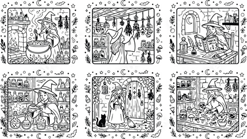 Colorbook style magical witch scenes with potion brewing spell casting herb drying book reading and mushroom sorting in cozy witch cottage detailed black line art