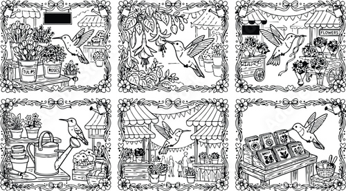 Colorbook style detailed vector art of hummingbirds flying near flower market stalls with bouquets watering cans and seed packets in decorative floral frames
