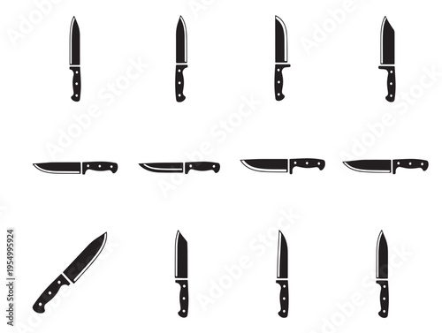 A collection of kitchen knives in various orientations