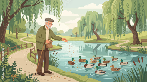 Senior man feeding ducks in serene park pond with weeping willows