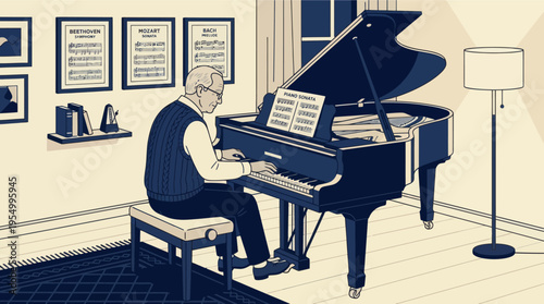 Elderly musician playing grand piano in cozy home studio with sheet music