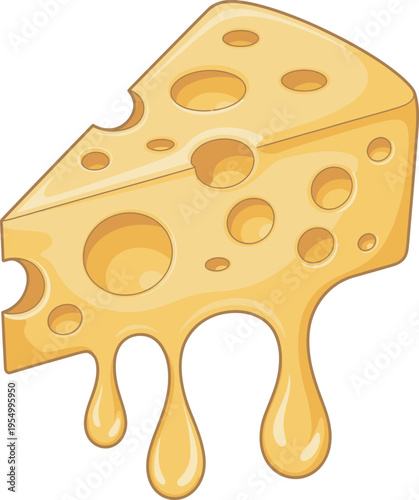 Cartoon wedge of Swiss cheese with holes and dripping molten cheese isolated on transparent background
