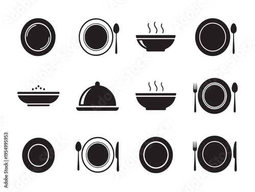 A set of black icons of plates and bowls with utensils