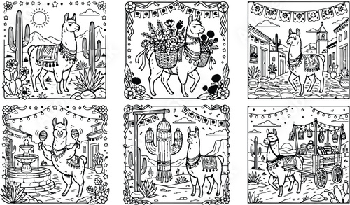 Colorbook style vector art set featuring six detailed lama scenes with floral baskets city street desert cacti and festive decorations in black and white line art