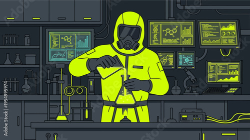 Scientist in yellow hazmat suit monitoring futuristic control room with holographic displays
