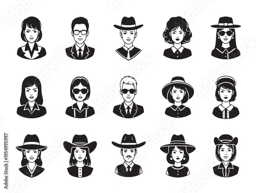 A group of 15 black and white pixel art portraits of people