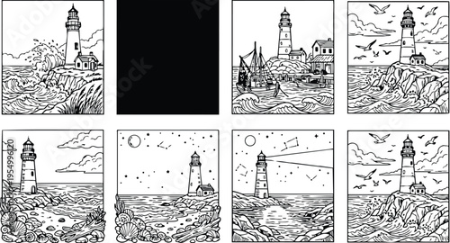 Colorbook style detailed line art lighthouse scenes with rocky coast seagulls fishing boats nighttime and daytime ocean waves and starry sky compositions