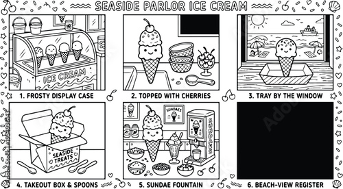 Colorbook style seaside parlor ice cream servings with frosty display case topped with cherries tray by window takeout box spoons sundae fountain and beach view register vector art