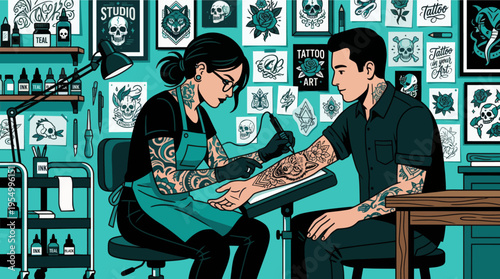 Female tattoo artist designing custom ink on client in cozy studio with flash art