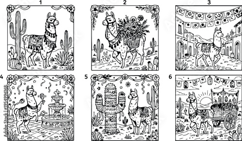 Colorbook style detailed black and white line art set featuring llamas in festive desert scenes carrying flowers and carts amidst cactus and traditional decorations