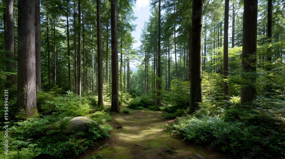 Obraz premium A sunlit forest path winding through lush green vegetation and tall trees