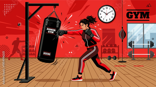 A woman in a red and black tracksuit punches a heavy bag in a gym