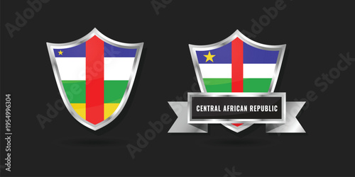 Detailed vector illustration of the Central African Republic flag inside a metallic shield and ribbon. Great for African heritage, sports icons, and national symbols.