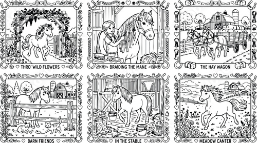 Colorbook style detailed vector art of horse scenes including braiding the mane meadow canter hay wagon barn friends in rustic farm settings decorative border