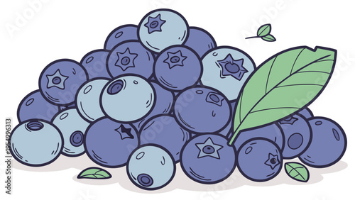 Pile of fresh blueberries with leaves, healthy berry illustration, natural food background, simple style
