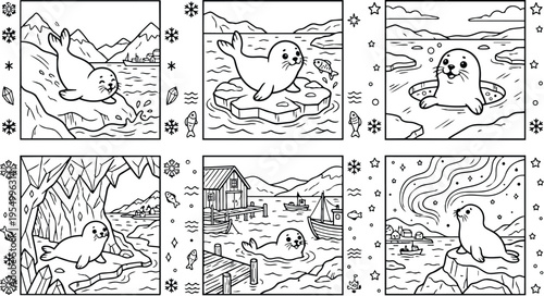Colorbook style vector art with playful seals swimming diving and posing on icy landscapes scenic arctic background with fishing boats and northern lights illustrated