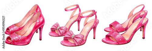 A watercolor vector set of pink high heel shoes for fashion design, footwear branding and feminine style