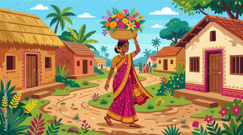 Woman in traditional saree carrying colorful flower basket on tropical village street