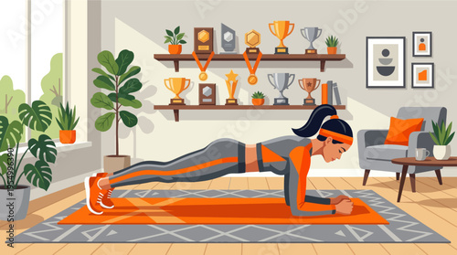 Young woman performing plank exercise at home with fitness awards on shelf
