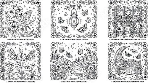 Colorbook style vector art featuring blooming moonflowers with moths circling glowing garden lanterns and butterflies fluttering above stepping stones near crescent moon bench