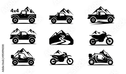 Adventure off road vehicle silhouette badges with suv truck atv and outdoor exploration vector set