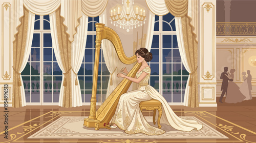 A woman in a white dress plays a golden harp in a luxurious ballroom