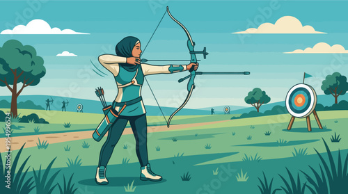 Young woman aiming recurve bow in outdoor archery field at sunset