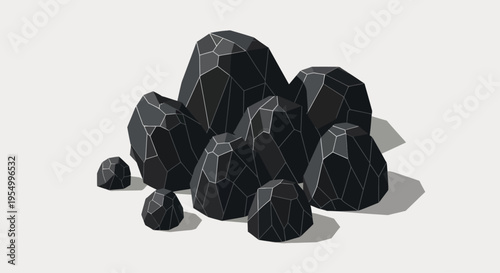 A stylized illustration depicting a pile of black, faceted coal or charcoal pieces, rendered with a low-poly, geometric aesthetic on a plain background.