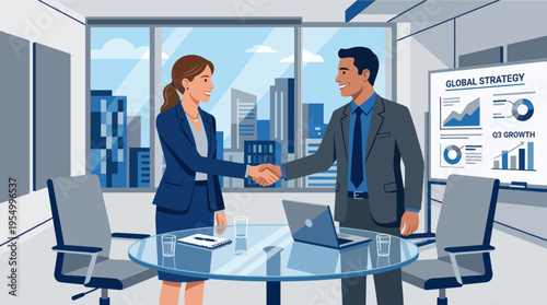 Business professionals handshake in modern office with city skyline view