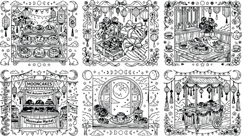 Colorbook style intricate line art of mooncake market stalls tea set and lanterns celebrating mid autumn festival with floral moon and night sky details elegant festive design